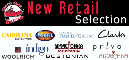 Hoover Shoe Repair sells Carolina Boots, Fossil goods, woolrich, indigo, daniel greem, clarks, minnetonka moccasins, Bostonian, Privo, anuschka